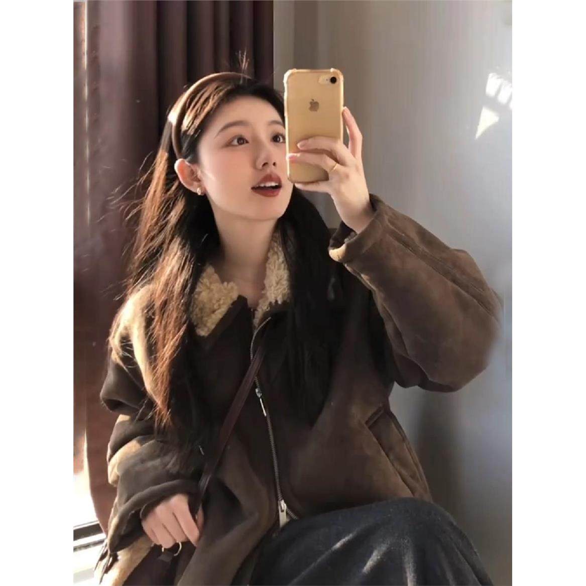 冬季麂皮加厚夹克棉服女2025新款日系覆古宽松加绒保暖羊羔毛外套,淘宝优惠券,粉丝福利购,淘宝优惠卷