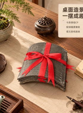 瓦片捆红绳手工捆扎桌面造景摆件