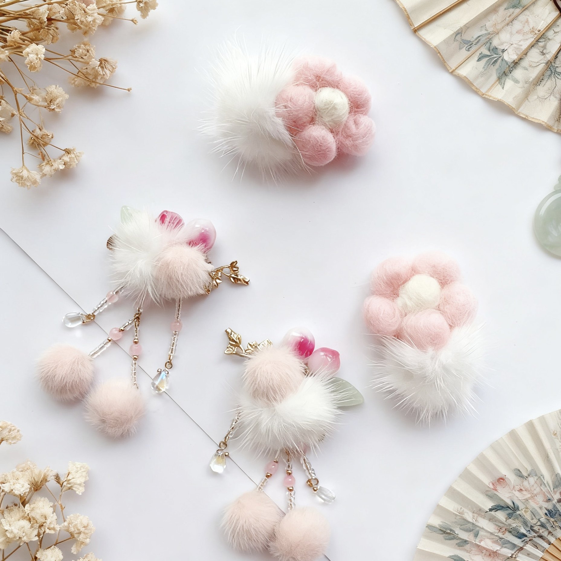 粉色毛球发夹套装古风发饰明制汉服国风元素冬季头饰儿童毛茸可爱,淘宝优惠券,粉丝福利购,淘宝优惠卷