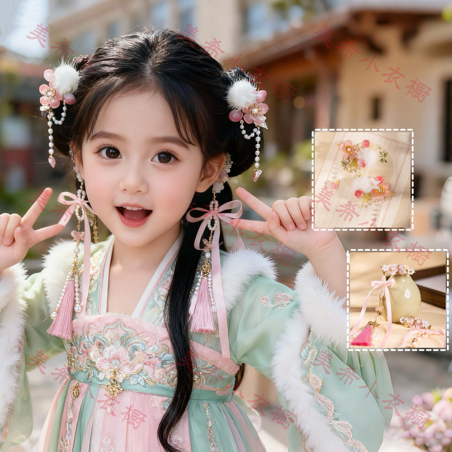 明制汉服发饰女童粉色花朵毛球可爱流苏发夹古装发饰中国风步摇,淘宝优惠券,粉丝福利购,淘宝优惠卷