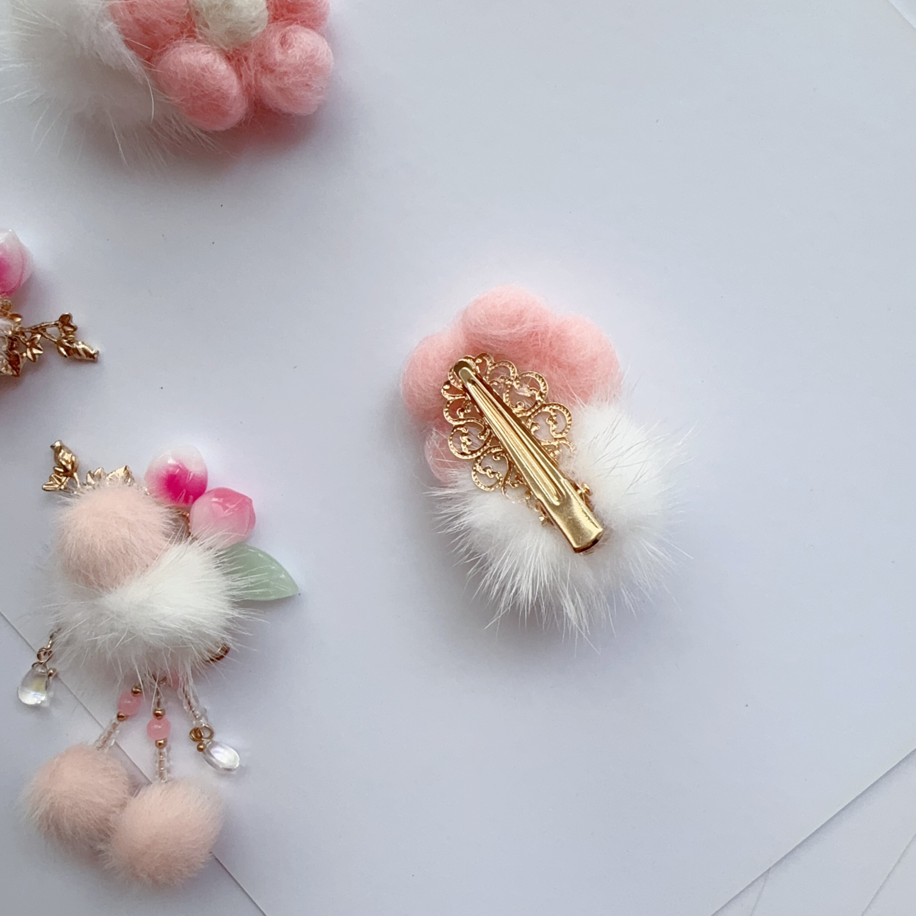 粉色毛球发夹套装古风发饰明制汉服国风元素冬季头饰儿童毛茸可爱,淘宝优惠券,粉丝福利购,淘宝优惠卷