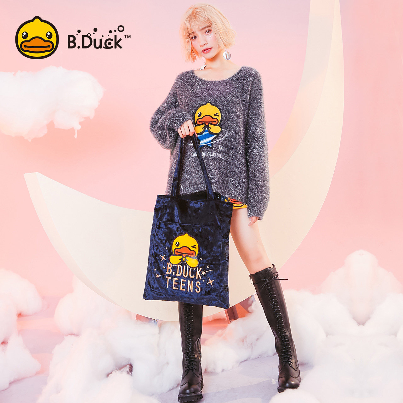 b . duck小黄鸭丝绒妈咪包单肩包 semk盈思妈咪包/袋