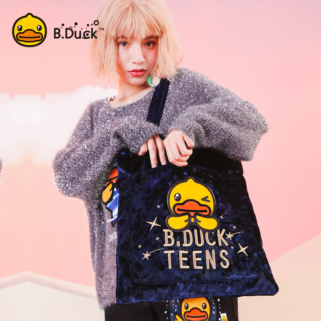 b . duck小黄鸭丝绒妈咪包单肩包 semk盈思妈咪包/袋