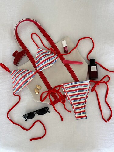 系带挂脖条纹比基尼日系甜美沙滩分体泳衣高级感网红泳装bikini - 图2