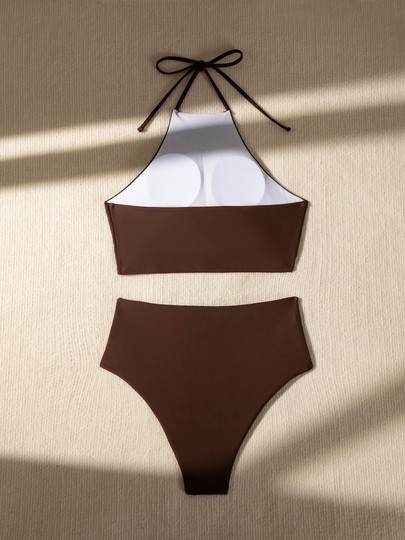 韩版系带挂脖分体泳衣褶皱性感高腰遮肚比基尼沙滩泳装女士bikini
