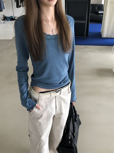 SJia【SAIDTOME】韩女穿搭百搭修身显瘦蕾丝拼接长袖打底衫上衣女 - 图0