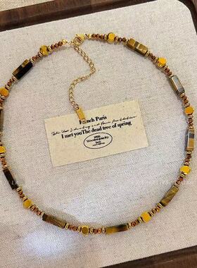 美拉德串珠虎眼石款吊坠项链女轻奢双层锁骨链复古高级气质毛衣链