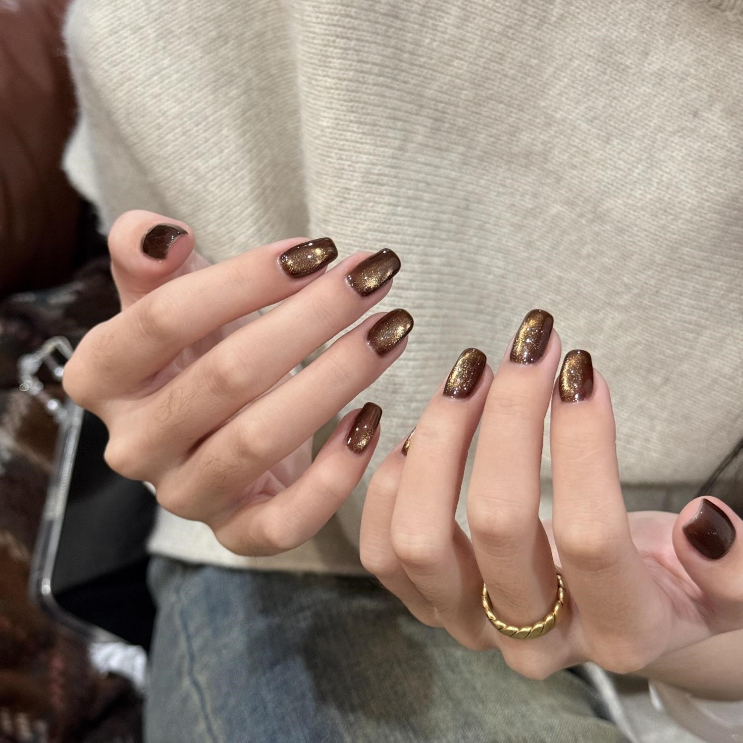 手工秋冬复古显白深棕金光贵气猫眼美甲高级感穿戴甲短款2025新款,淘宝优惠券,粉丝福利购,淘宝优惠卷