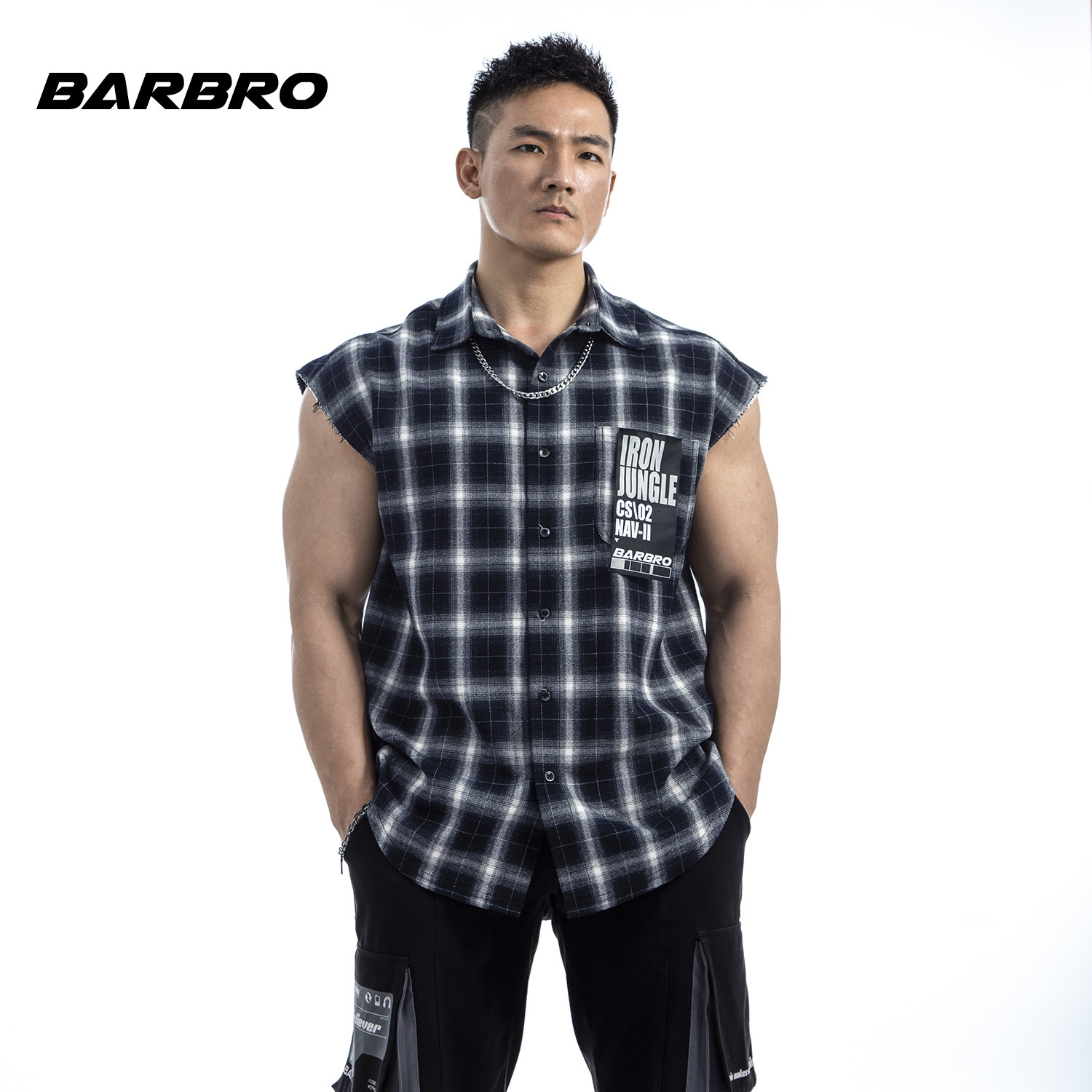 BARBRO钢铁丛林系列棉衬衫马甲无袖男士春夏叠穿国潮原创休闲衬衣_虎窝淘