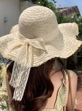 法式大帽檐波浪边拉菲草帽女夏季度假海边出片沙滩帽防晒遮阳帽子