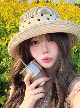 草帽女夏季法式优雅波点蝴蝶结遮阳帽海边度假沙滩帽防紫外线盆帽