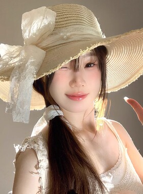 夏季法式珍珠蕾丝系带草帽女大帽檐海边度假蝴蝶结防晒太阳帽