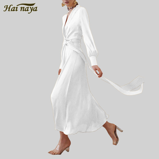 春秋新款高端气质连衣裙欧美系带慵懒风条纹长袖优雅显瘦度假长裙