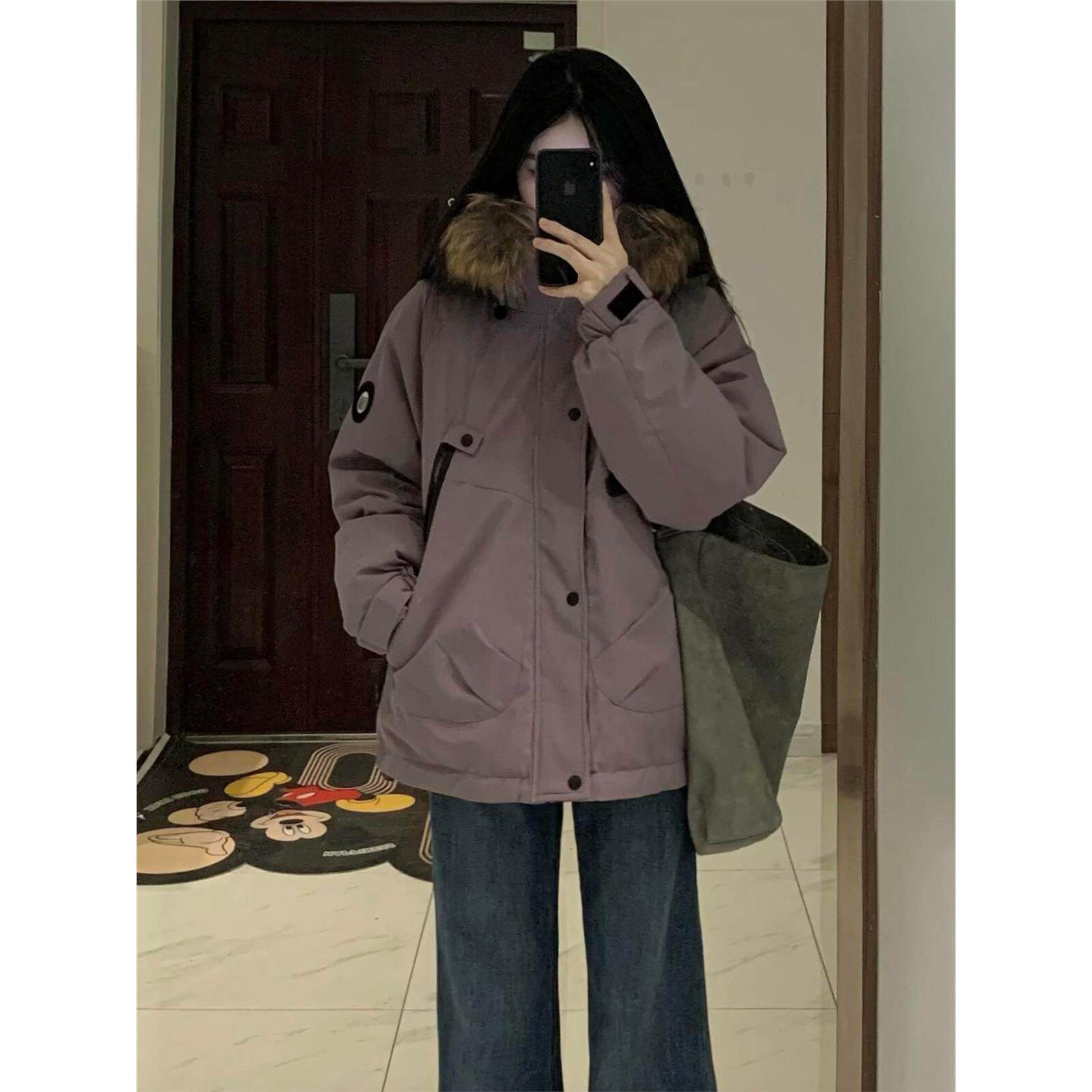 派克服棉服女款2025新款冬季连帽大毛领工装加绒加厚紫色棉衣外套,淘宝优惠券,粉丝福利购,淘宝优惠卷