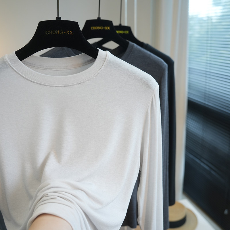 官网热销10万+羊绒天丝混纺圆领长袖T恤打底衫女内搭秋季新款A59A