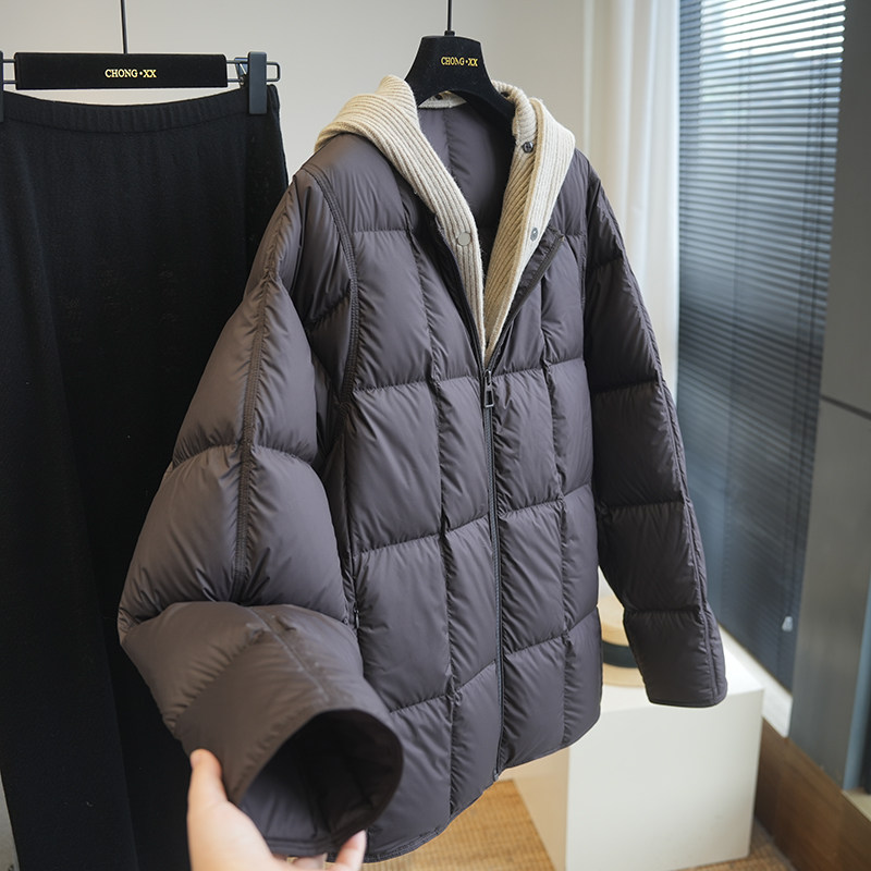 可拆卸针织连帽！90白鸭绒方格宽松假两件羽绒服女短款外套冬A90F,淘宝优惠券,粉丝福利购,淘宝优惠卷