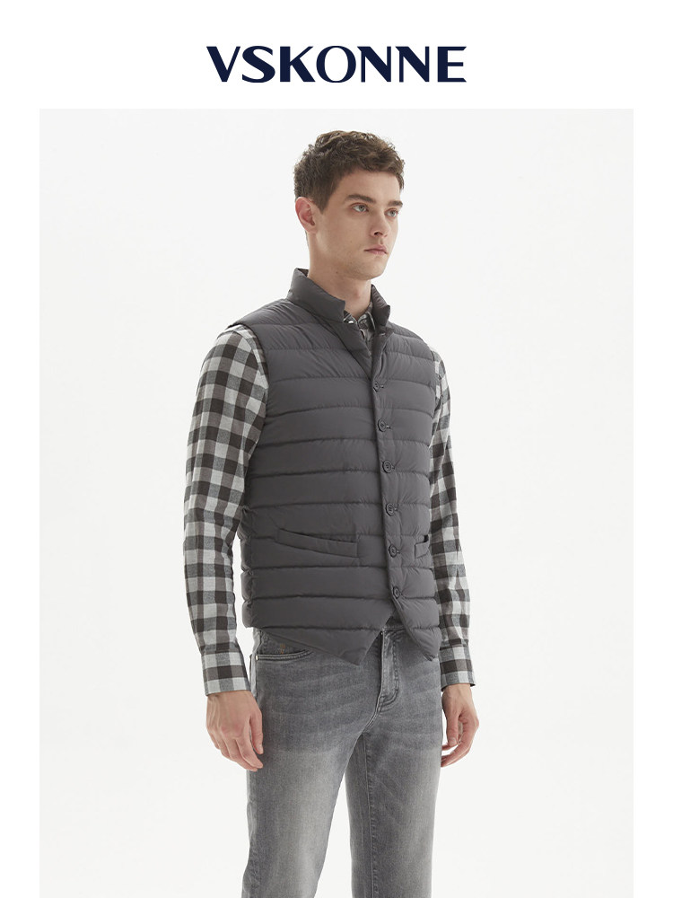 VSKONNE威斯康尼男羽绒马甲深灰色纽扣背心内搭白鹅绒马夹外套男,淘宝优惠券,粉丝福利购,淘宝优惠卷