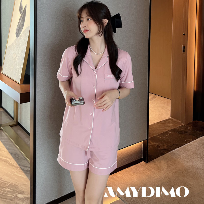 AMYDIMO/2023新款夏季薄款纯棉情侣睡衣男女士短袖短裤家居服套装 - 图0