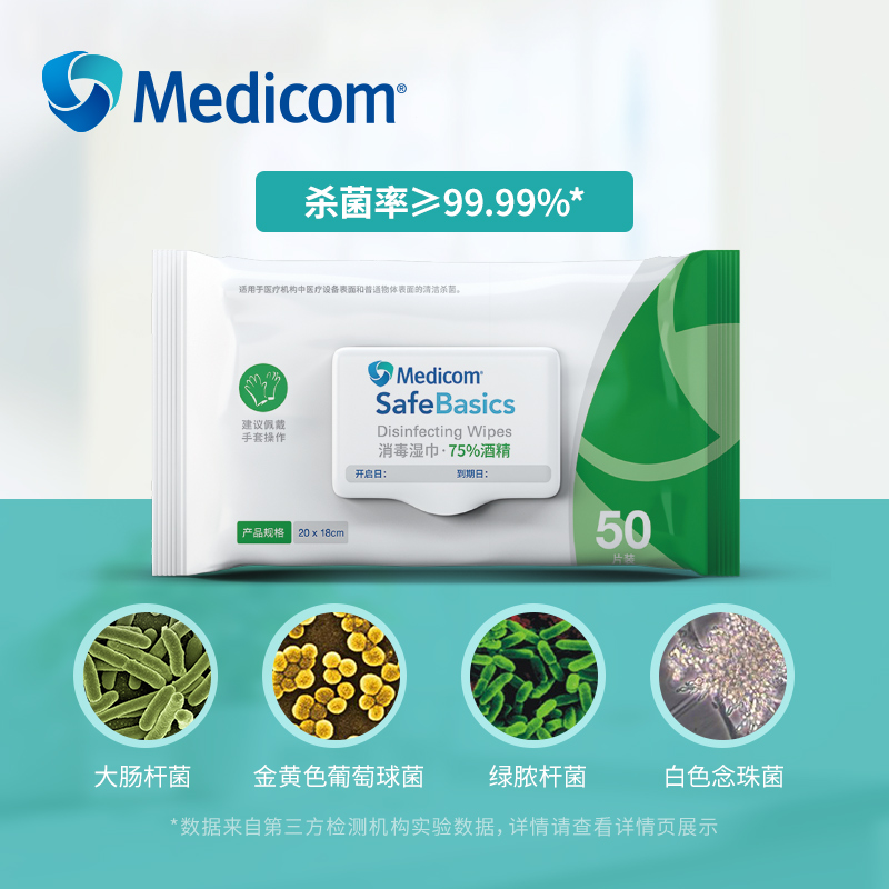 Medicom麦迪康75%酒精消毒湿巾办公家用杀菌湿纸巾抽取式50抽/袋-图1