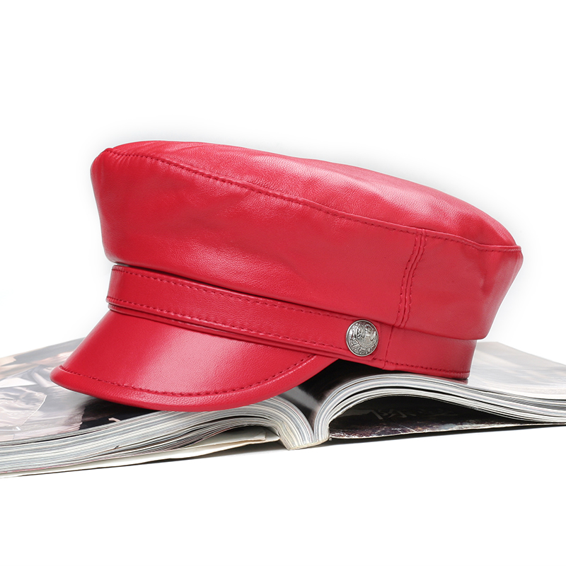 奢迦正品欧美版大红色皮帽子羊皮报童平顶鸭舌帽真皮洋气女贝雷帽 - 图1