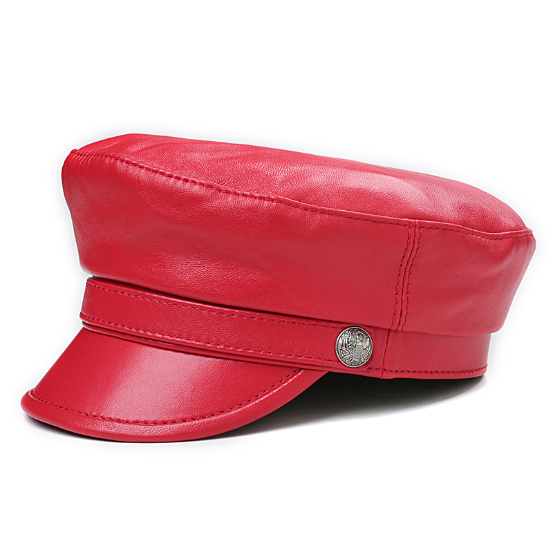 奢迦正品欧美版大红色皮帽子羊皮报童平顶鸭舌帽真皮洋气女贝雷帽 - 图3
