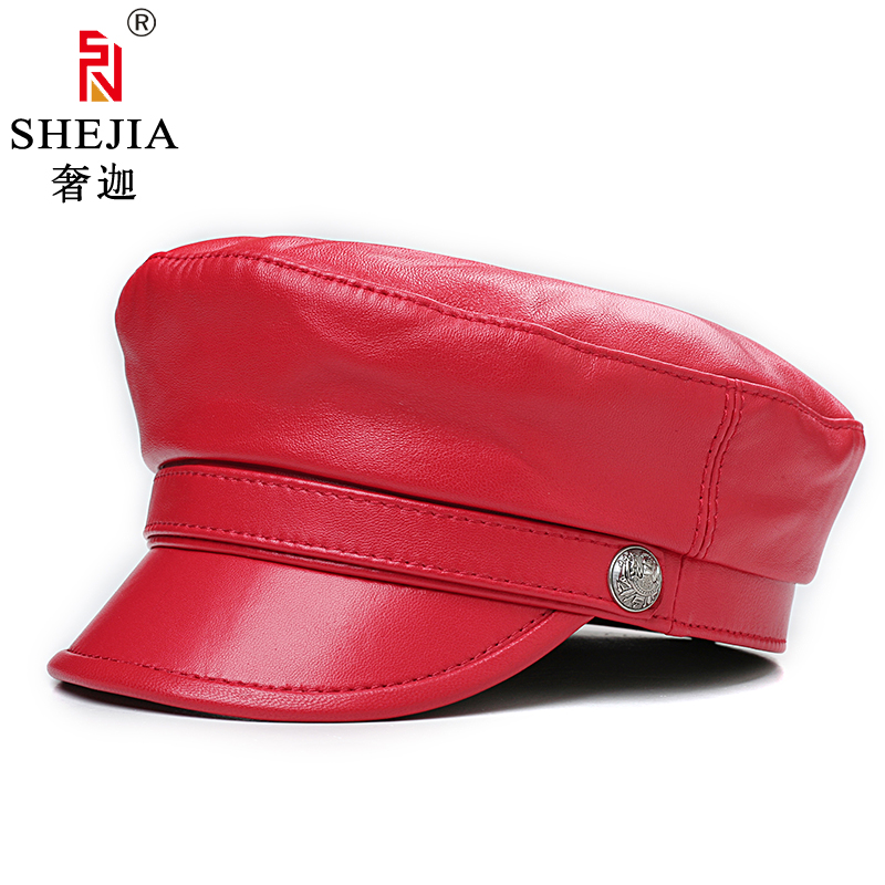 奢迦正品欧美版大红色皮帽子羊皮报童平顶鸭舌帽真皮洋气女贝雷帽 - 图0