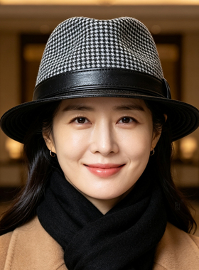 奢迦英伦千鸟格真皮爵士帽男女