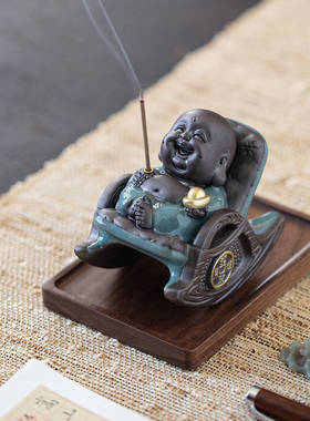陶瓷趣味山水茶道中式香插笑佛