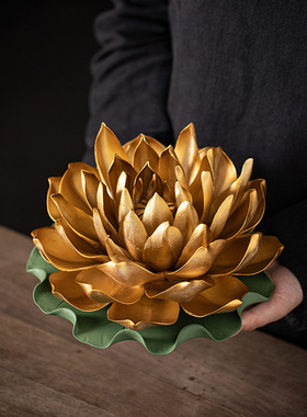 大号陶瓷仿真手工捏花莲花瓷花朵摆件家居客厅禅意桌面供奉装饰品