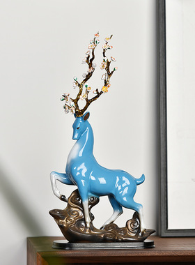 招财陶瓷鹿摆件大号梅花新