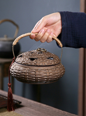 手提式竹篮香炉家用室内复古陶瓷香薰炉驱蚊香器檀香沉香蚊香暖炉