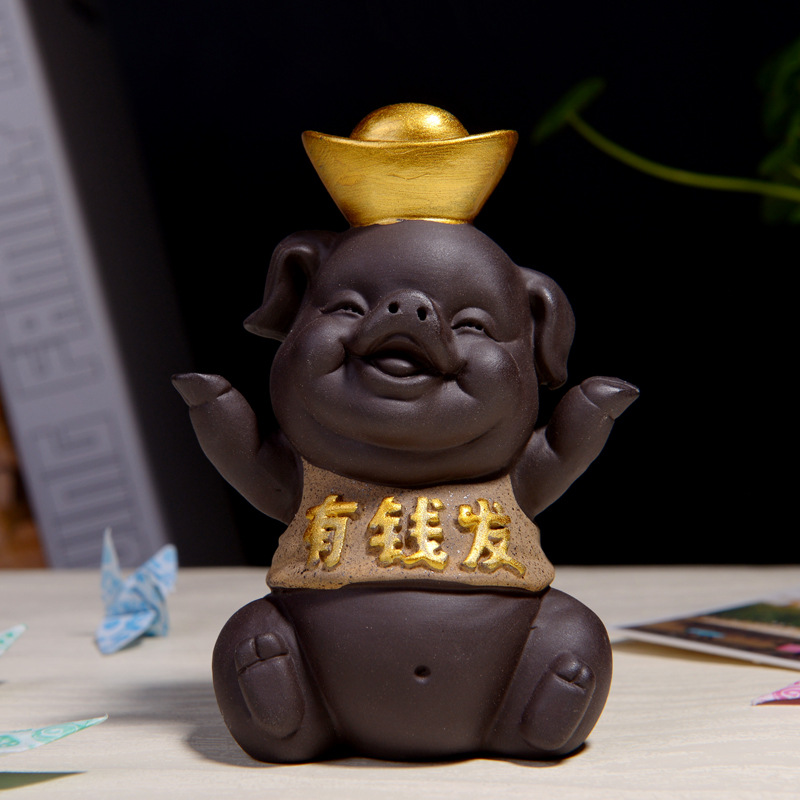 紫砂陶瓷茶宠摆件招财纳福猪手工茶具茶玩配件精品生肖一家灵气猪 - 图0