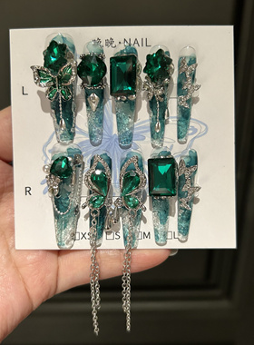 绿冰 手工穿戴甲绿色蝴蝶结链条高级感显白美甲贴片碎冰冰琉璃甲
