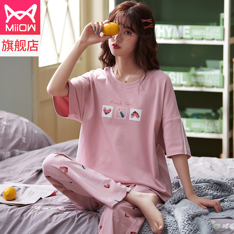 猫人服饰旗舰店猫人女士睡衣印花卡通可爱甜美家居服夏季青年可外穿女款起居服0