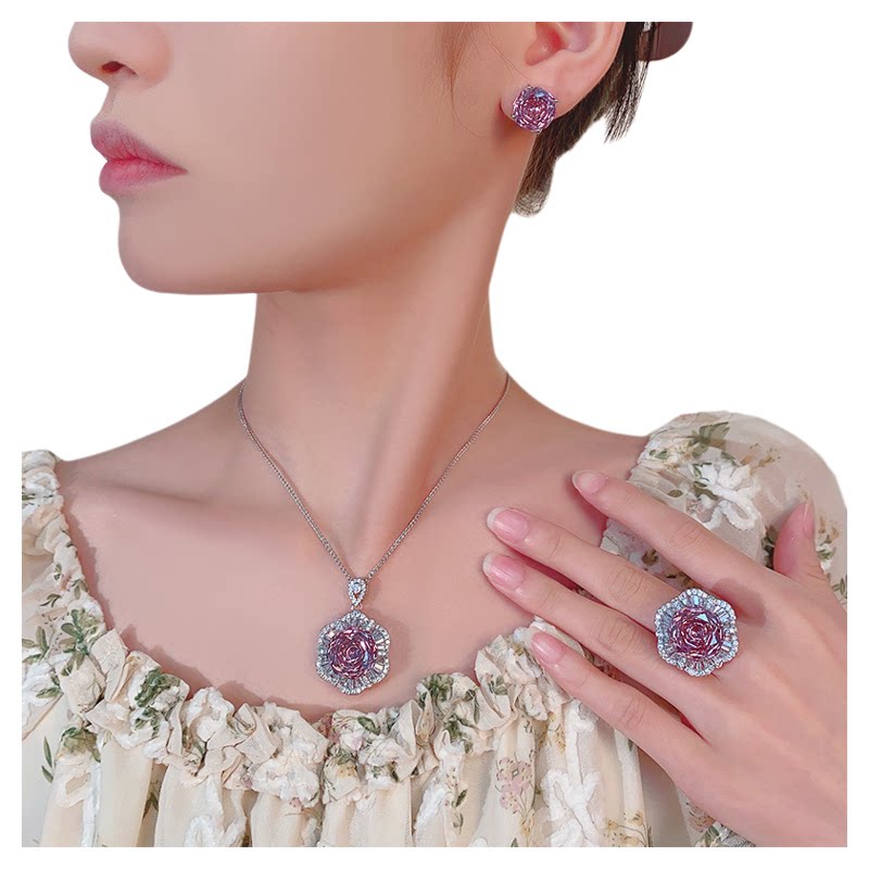 Dried rose pendant ring and earrings three-piece set
