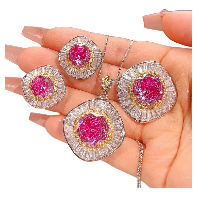 Rose cut pitaya color pendant ring and earring set