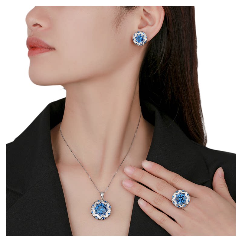 Blue spinel pendant ring and earrings three-piece set