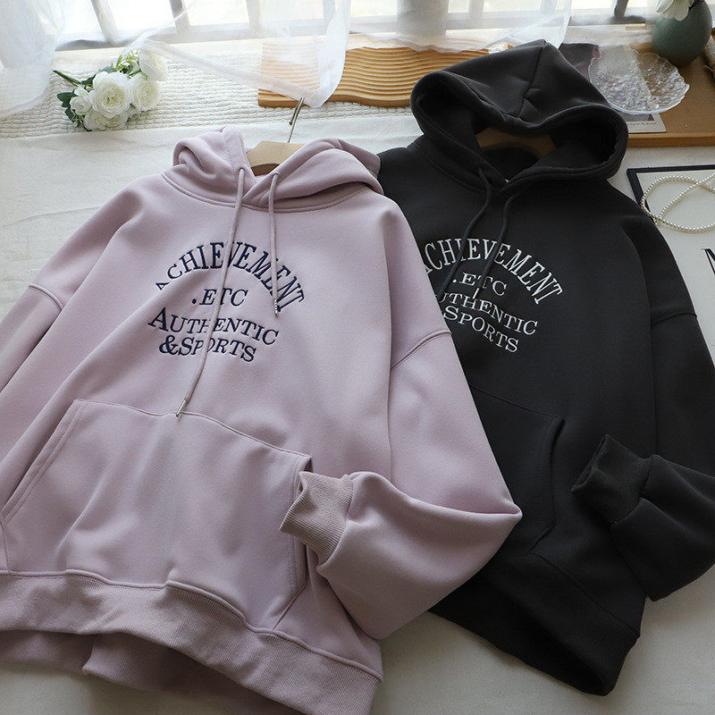 2026秋冬新款韩版连帽字母刺绣加绒加厚休闲百搭卫衣女,淘宝优惠券,粉丝福利购,淘宝优惠卷