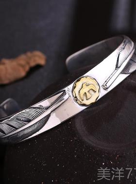 高档S925复古手郎工桥银高吾风格羽毛银分牌手镯男士开口手镯子潮