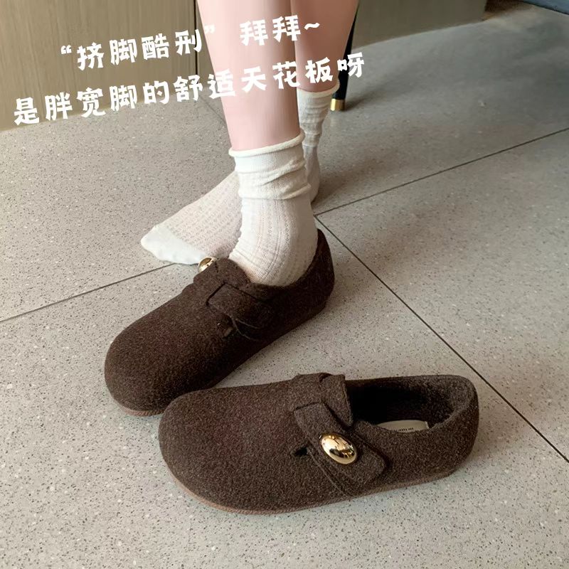 加绒勃肯鞋毛绒冬一脚蹬加肥加宽大码41到43女鞋包头懒人外穿金豆 - 图1