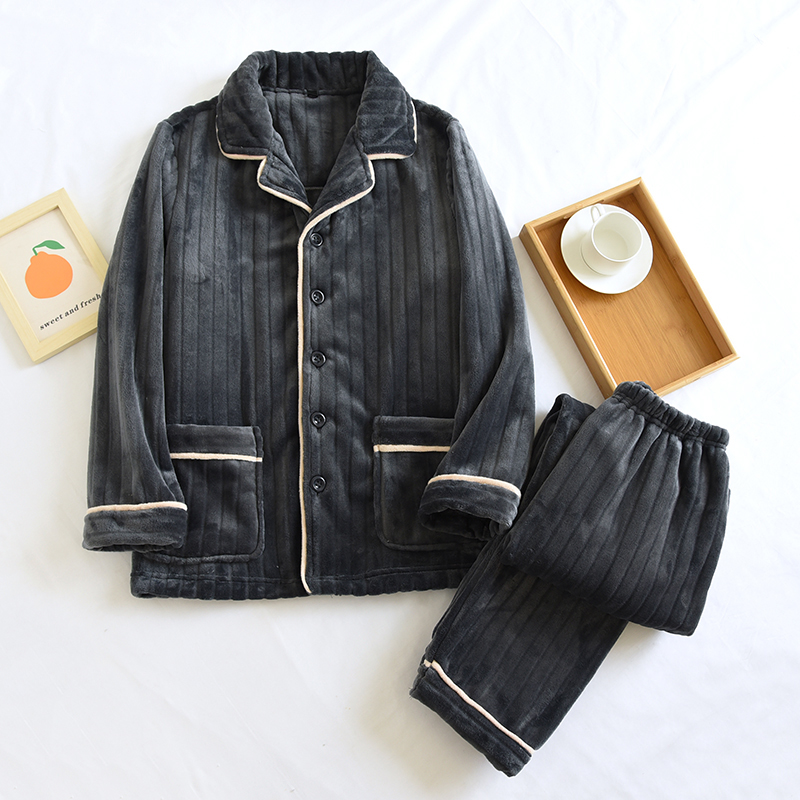 情侣睡衣女男士加厚珊瑚绒家居服套装秋冬季简约纯色加绒法兰绒 - 图2