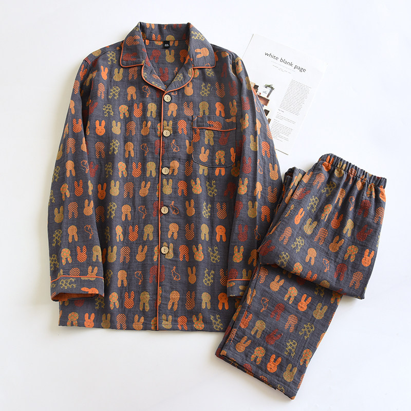 复古卡通睡衣男女纯棉纱薄日系翻领长袖长裤情侣家居睡眠服可外穿,淘宝优惠券,粉丝福利购,淘宝优惠卷
