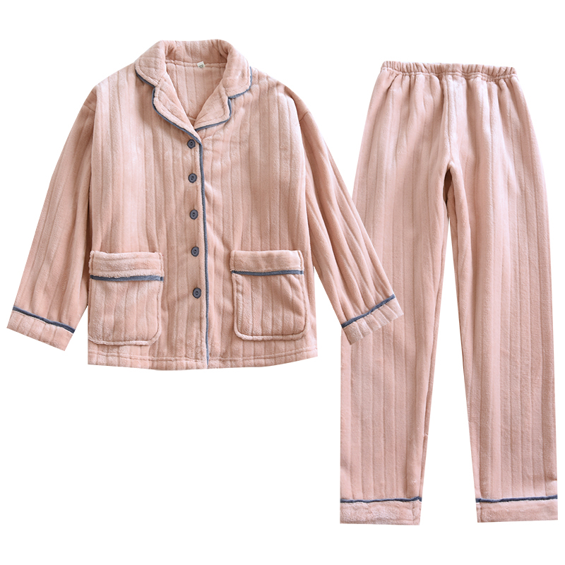 情侣睡衣女男士加厚珊瑚绒家居服套装秋冬季简约纯色加绒法兰绒 - 图3