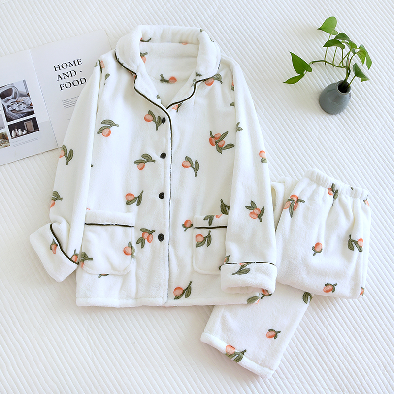 秋冬法兰绒睡衣女加绒加厚珊瑚绒家居服开衫大码加肥双面绒碎花 - 图1