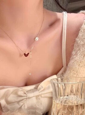 钛钢不掉色长款流苏爱心项链感轻奢小众红色桃心锁骨链情人节