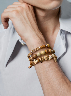 亚马逊新款天然石头珠子手链男紫晶长方条碎石珠子标签三件套手串