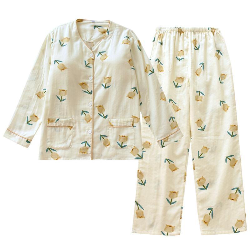 免文胸纯棉麻双层纱布长袖睡衣套装女春夏季薄款带胸垫家居服V领,淘宝优惠券,粉丝福利购,淘宝优惠卷