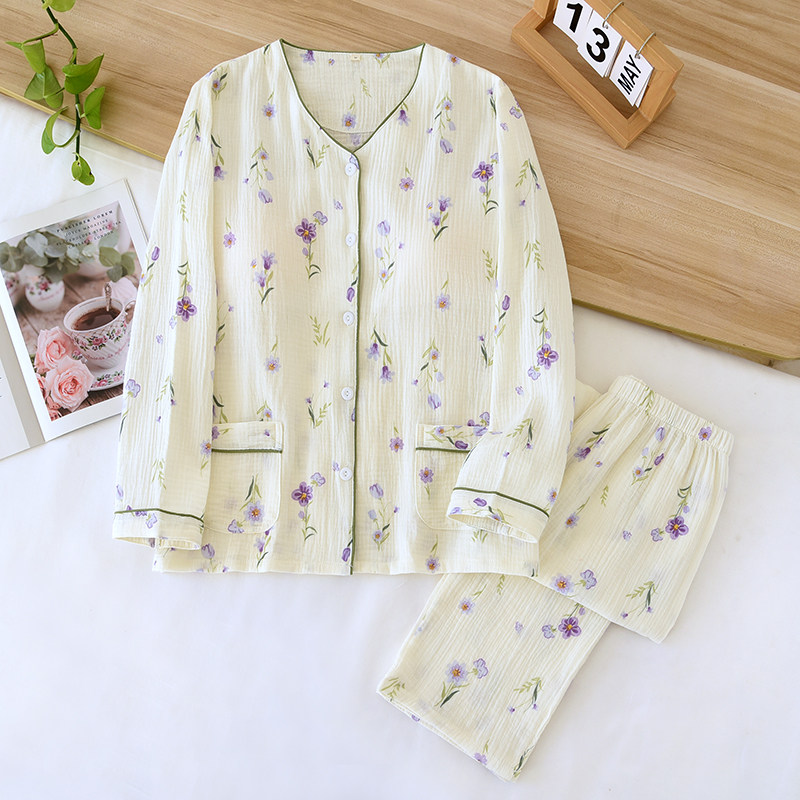 带胸垫免文胸婴儿纯棉双层纱布睡衣女春秋夏季薄款长袖长裤家居服,淘宝优惠券,粉丝福利购,淘宝优惠卷