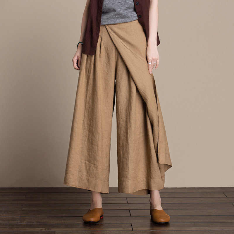 简约休闲亚麻女夏高腰显瘦大脚裤子 六月草休闲裤