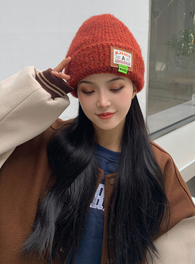 美式针织帽女冬季韩版百搭加绒护耳冷帽贴标秋冬保暖毛线帽ins潮